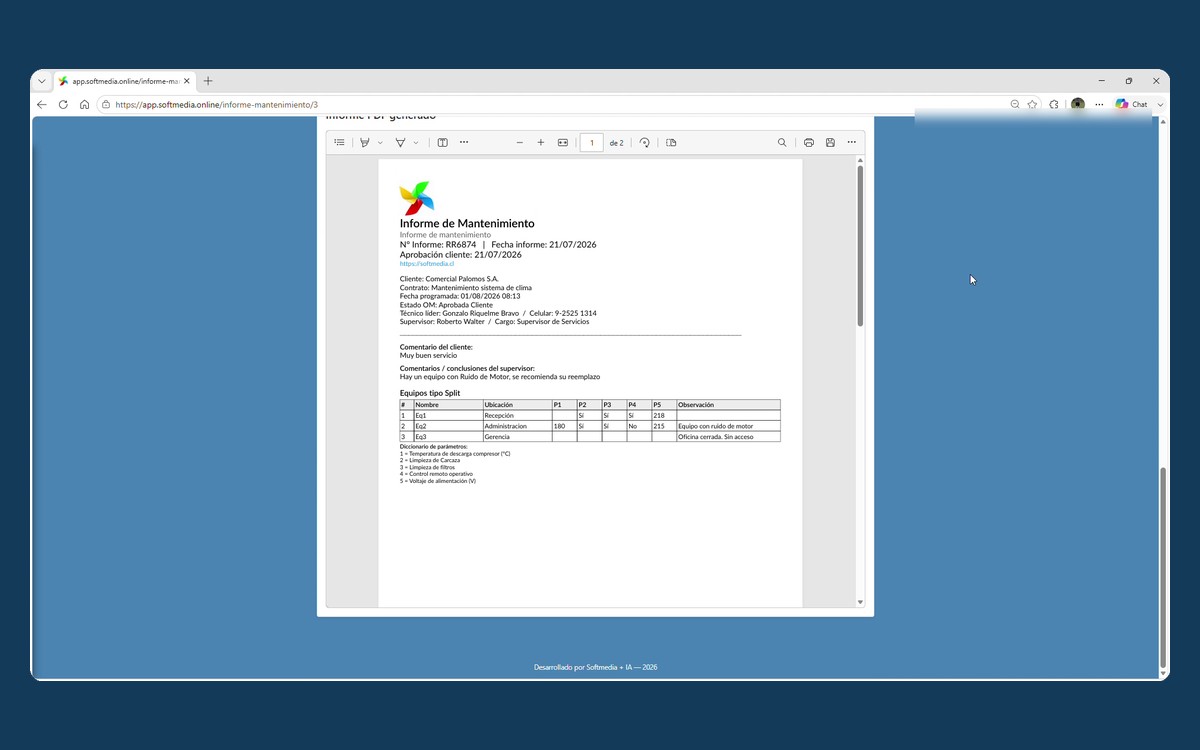 Informe técnico en PDF generado por OmTrace